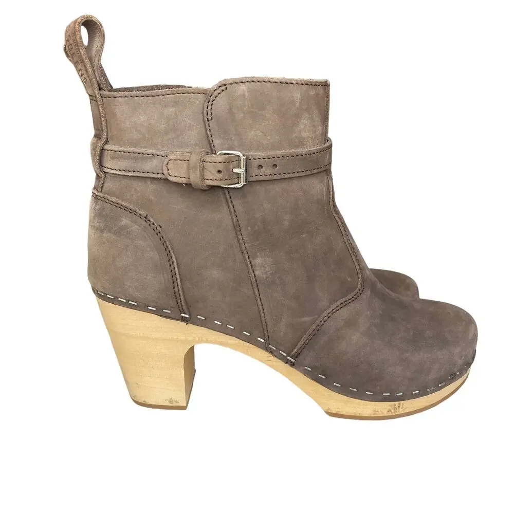 Swedish Hasbeens High-Heeled Jodhpu Boot Chocolate Brown Nubuck Leather Size 40